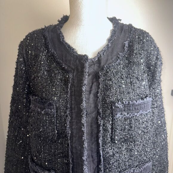 NWT Nanette Lepore Black Sequined Boucle’ Frayed Denim Trim Jacket Tweed Blazer - Picture 2 of 12